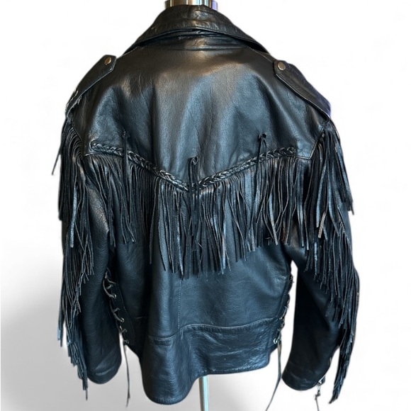 Unik - Black Leather Jacket with Fringe and Braiding Design Sz L/XL 48 - Picture 6 of 11